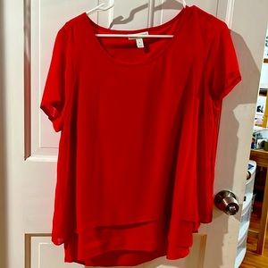 Dana Buchman red top,large, shear sleeves, cotton underneath shear layer, pretty